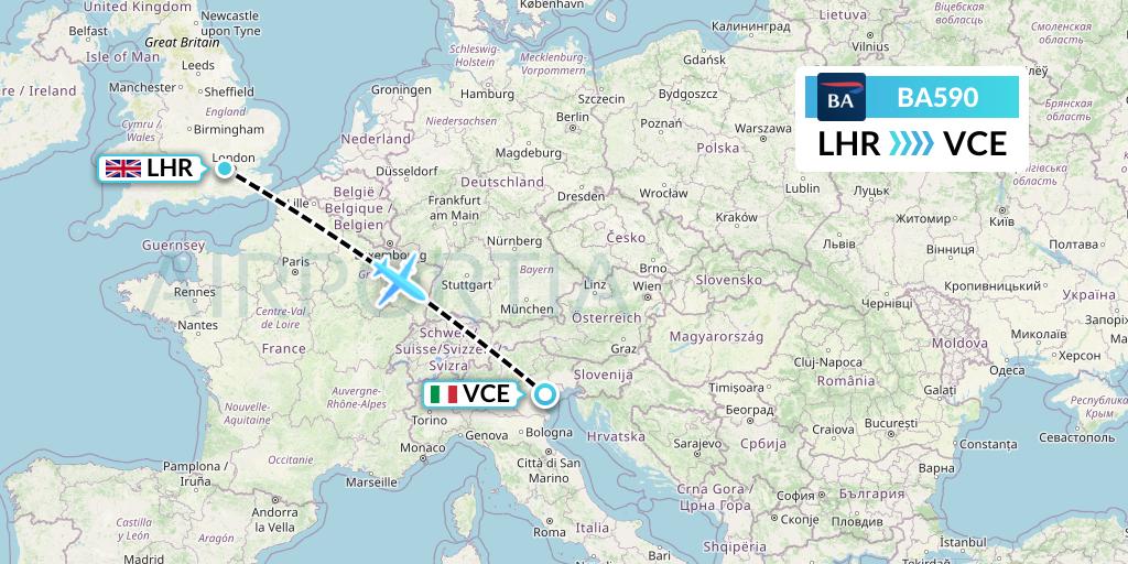BA590 British Airways Flight Map: London to Venice