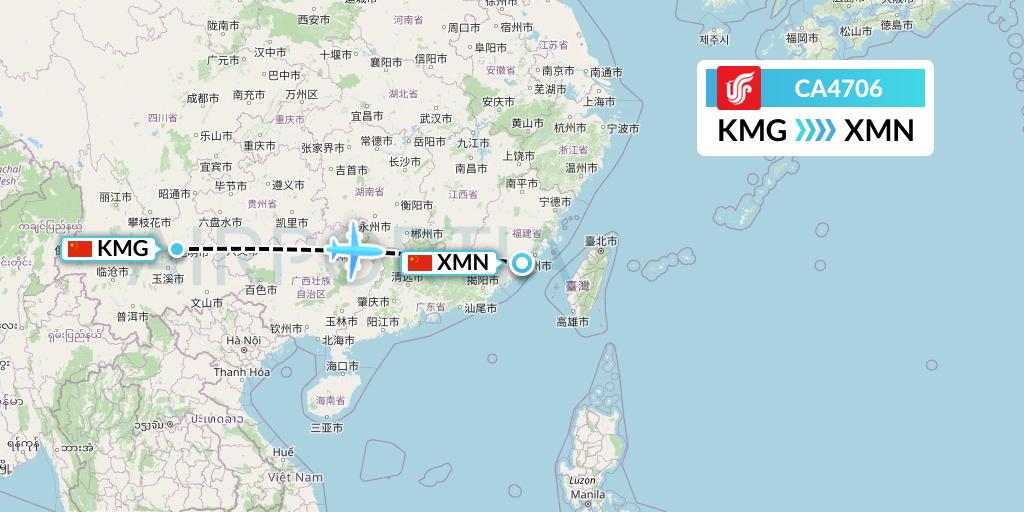 CA4706 Air China Flight Map: Kunming to Xiamen