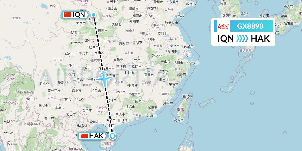 GX8890 GX Airlines Flight Map: Qingyang to Haikou