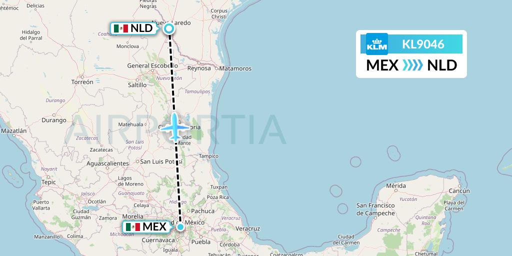 KL9046 KLM Flight Map: Mexico City to Nuevo Laredo