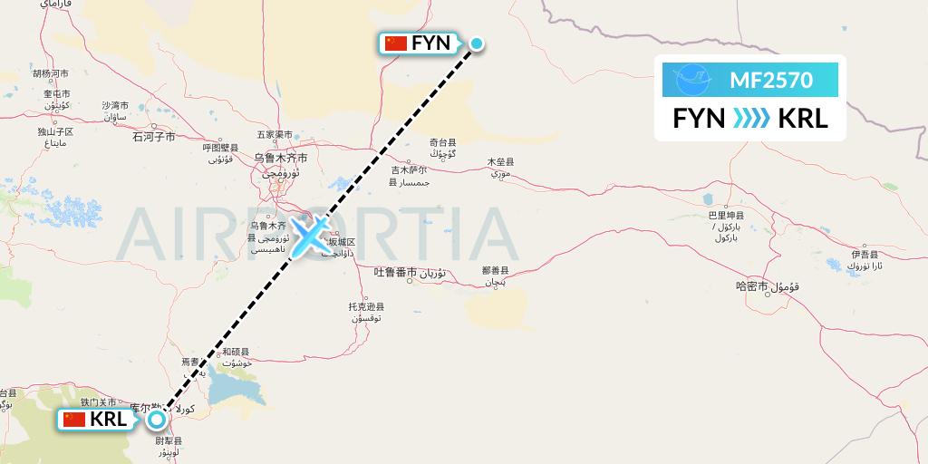 MF2570 Xiamen Airlines Flight Map: Fuyun to Korla