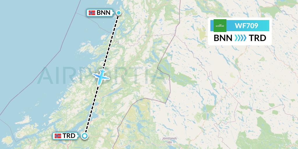 WF709 Wideroe Flight Map: Bronnoysund to Trondheim