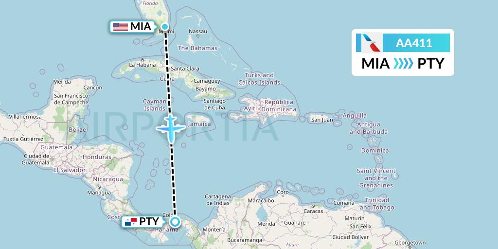 AA411 American Airlines Flight Map: Miami to Panama City
