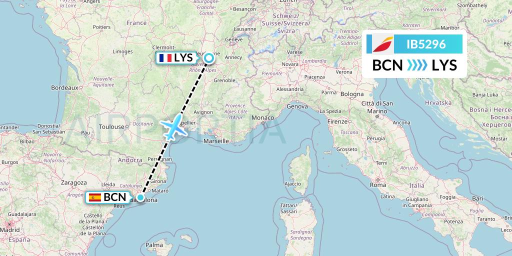IB5296 Iberia Flight Map: Barcelona to Lyon