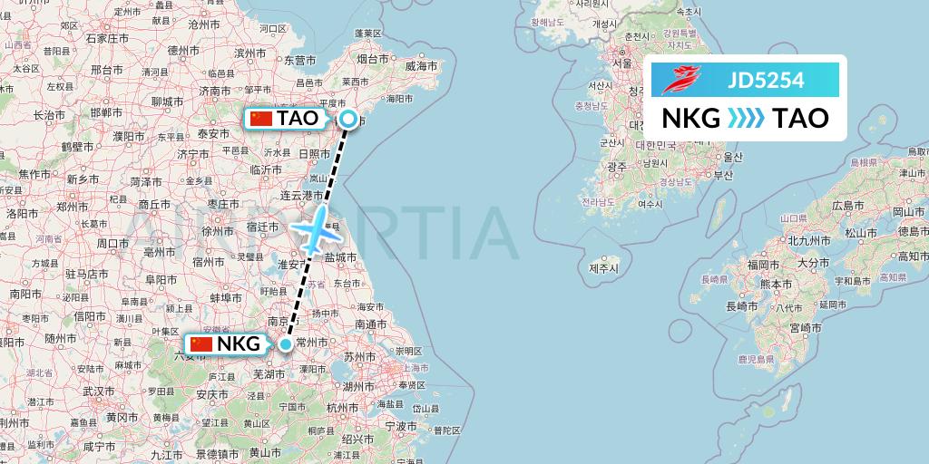 JD5254 Capital Airlines Flight Map: Nanjing to Qingdao