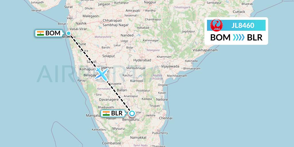 JL8460 Japan Airlines Flight Map: Mumbai to Bangalore