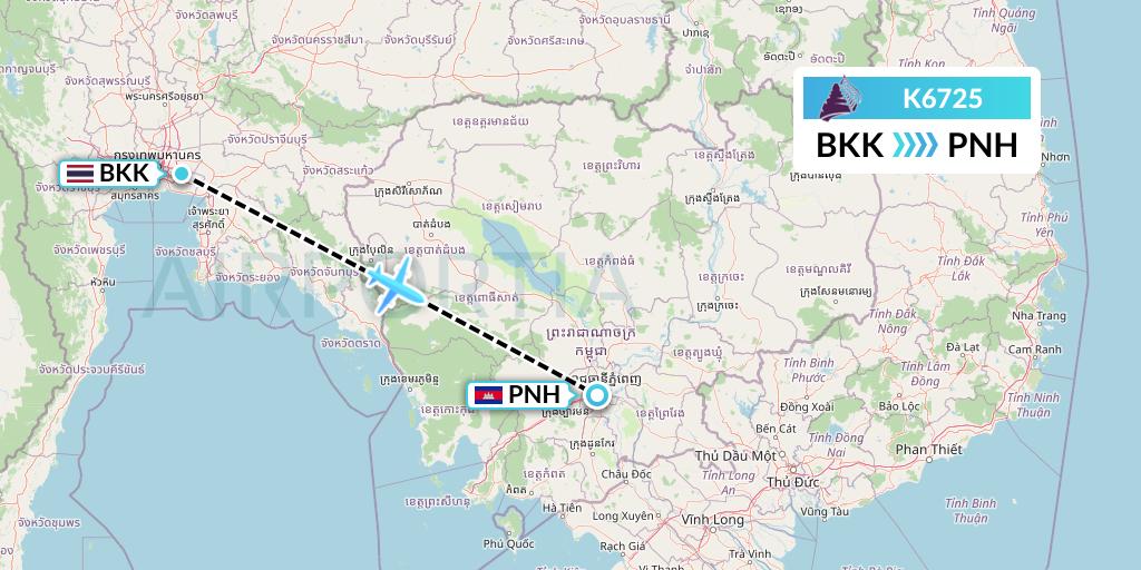 K6725 Cambodia Angkor Air Flight Map: Bangkok to Phnom Penh