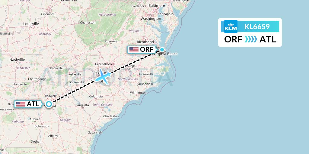 KL6659 KLM Flight Map: Norfolk to Atlanta