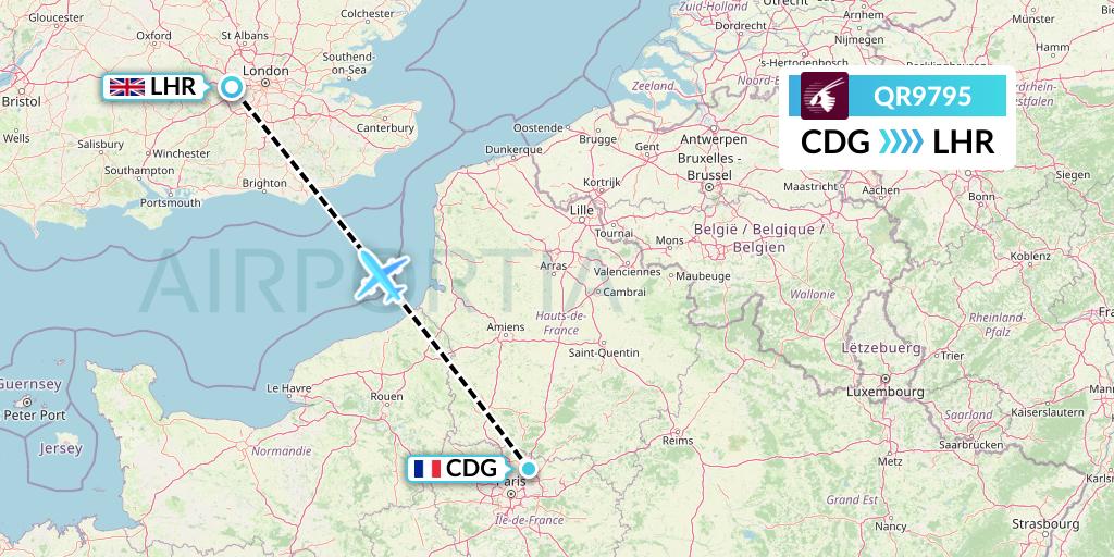 QR9795 Qatar Airways Flight Map: Paris to London