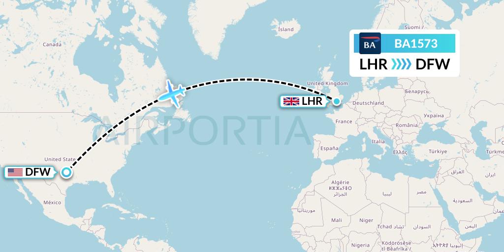 BA1573 British Airways Flight Map: London to Dallas