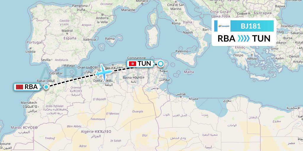 BJ181 Nouvelair Tunisie Flight Map: Rabat to Tunis