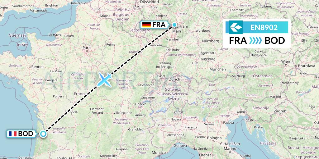 EN8902 Air Dolomiti Flight Map: Frankfurt to Bordeaux