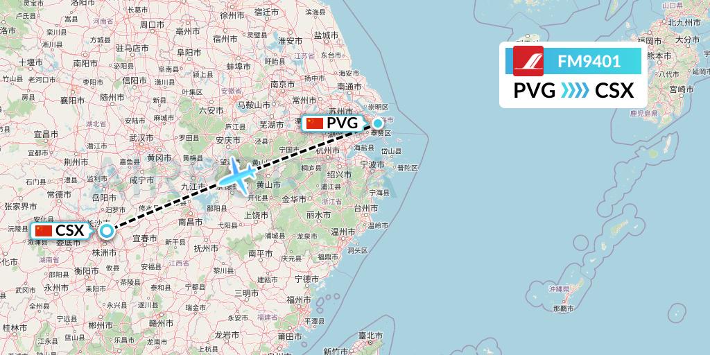 FM9401 Shanghai Airlines Flight Map: Shanghai to Changsha