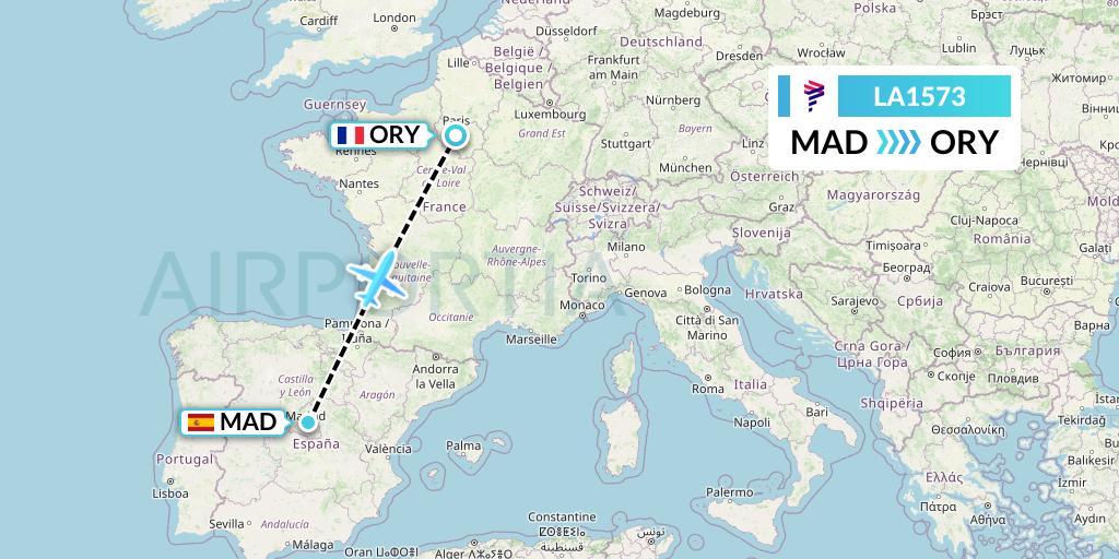 LA1573 LAN Airlines Flight Map: Madrid to Paris