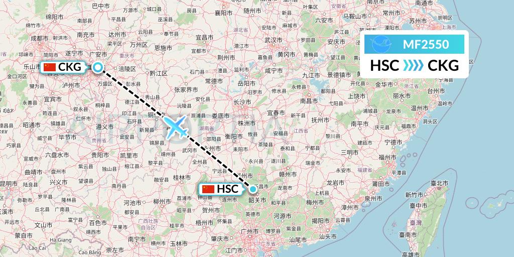 MF2550 Xiamen Airlines Flight Map: Shaoguan to Chongqing