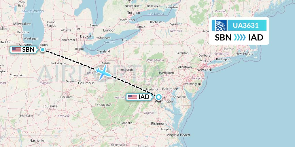UA3631 United Airlines Flight Map: South Bend to Washington