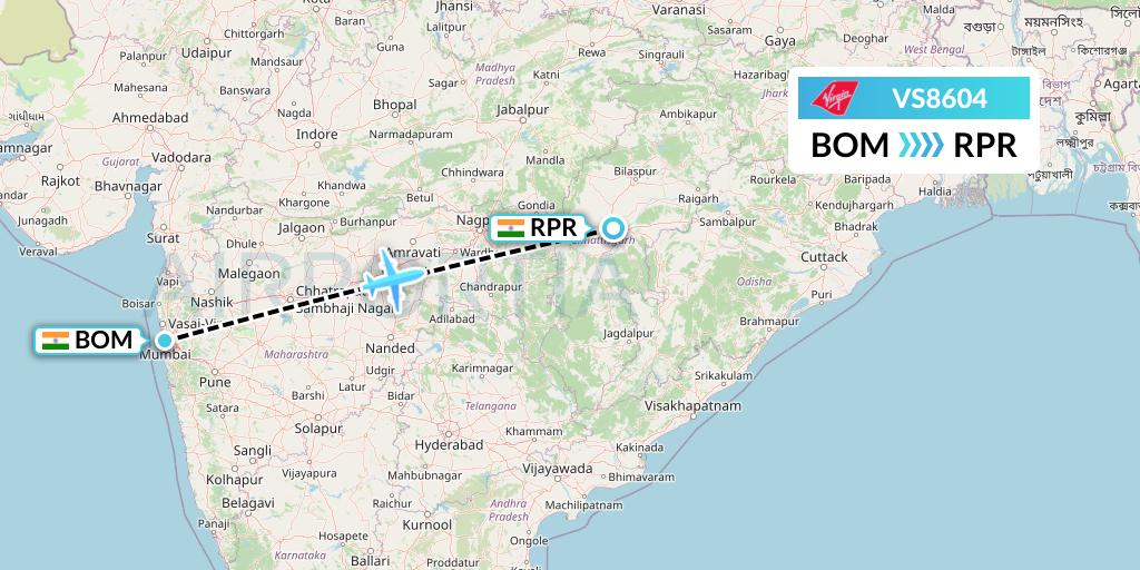 VS8604 Virgin Atlantic Airways Flight Map: Mumbai to Raipur