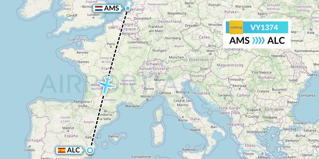 VY1374 Vueling Flight Map: Amsterdam to Alicante