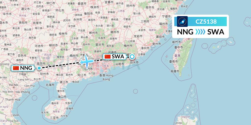 CZ5138 China Southern Airlines Flight Map: Nanning to Jieyang