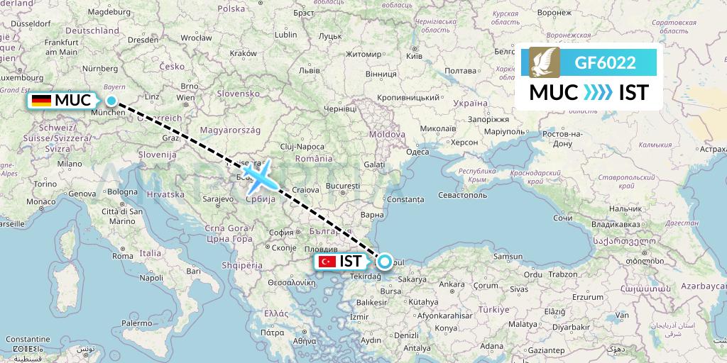 GF6022 Gulf Air Flight Map: Munich to Istanbul