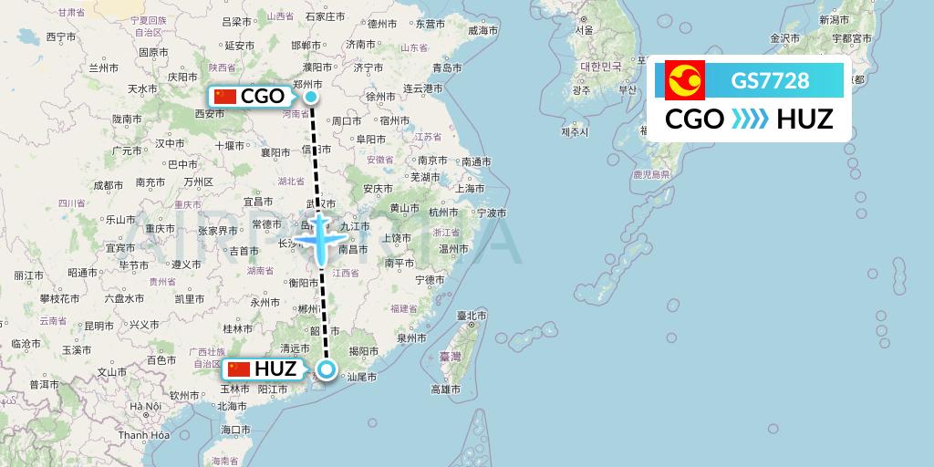 GS7728 Tianjin Airlines Flight Map: Zhengzhou to Huizhou