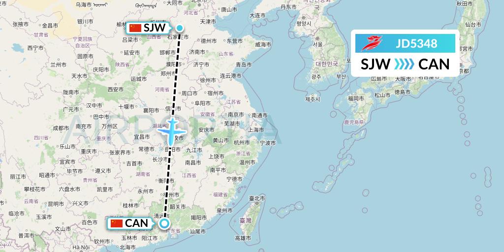 JD5348 Capital Airlines Flight Map: Shijiazhuang to Guangzhou