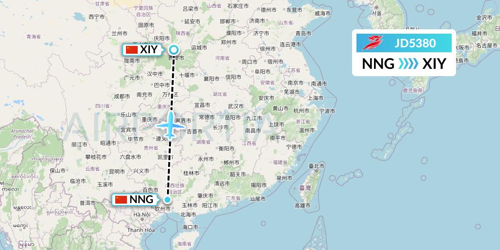 JD5380 Capital Airlines Flight Map: Nanning to Xi'an