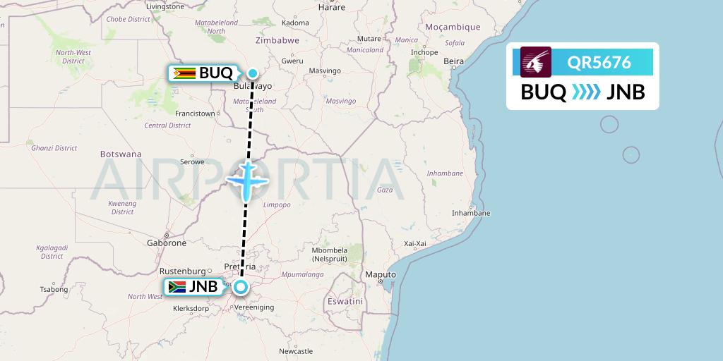 QR5676 Qatar Airways Flight Map: Bulawayo to Johannesburg