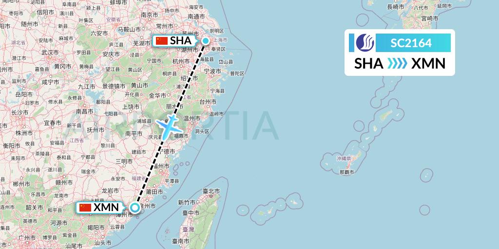 SC2164 Shandong Airlines Flight Map: Shanghai to Xiamen