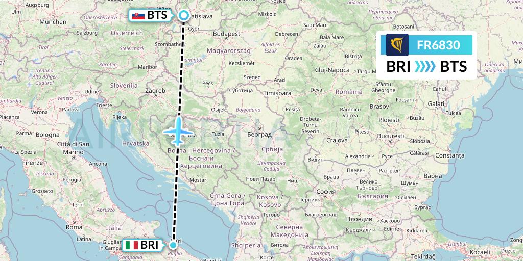 FR6830 Ryanair Flight Map: Bari to Bratislava