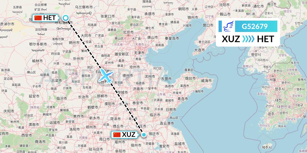 G52679 China Express Airlines Flight Map: Xuzhou to Hohhot