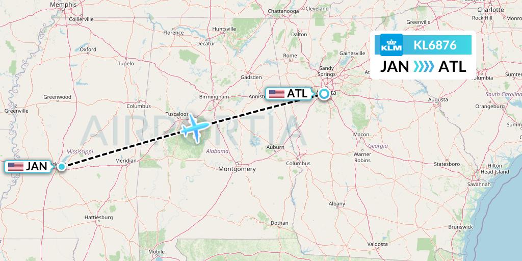 KL6876 KLM Flight Map: Jackson to Atlanta