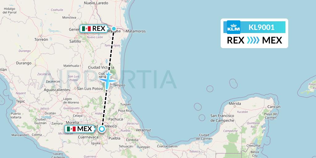 KL9001 KLM Flight Map: Reynosa to Mexico City