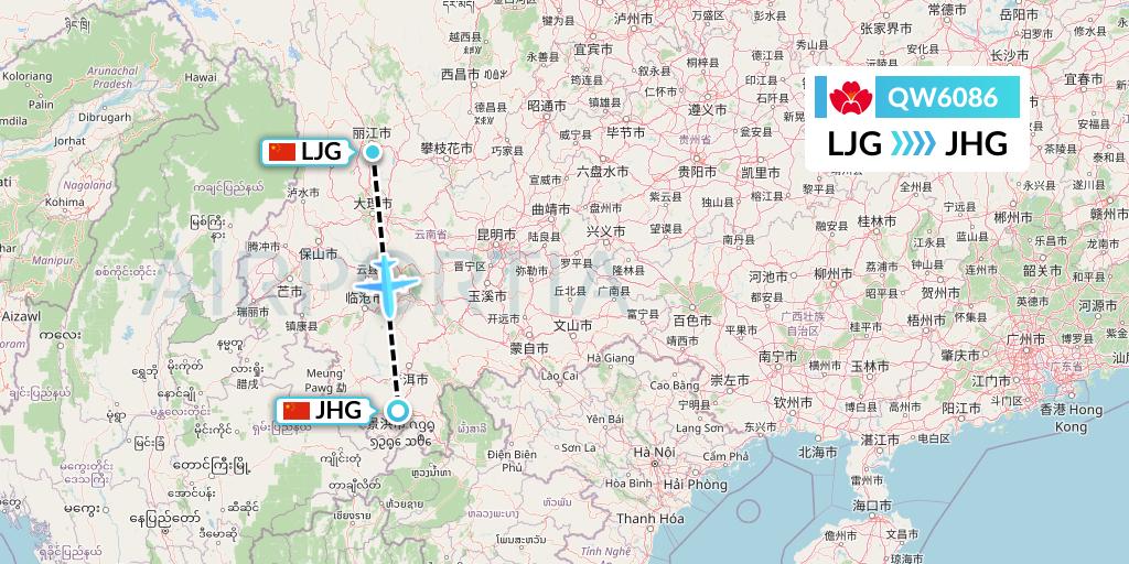 QW6086 Qingdao Airlines Flight Map: Lijiang to Jinghong