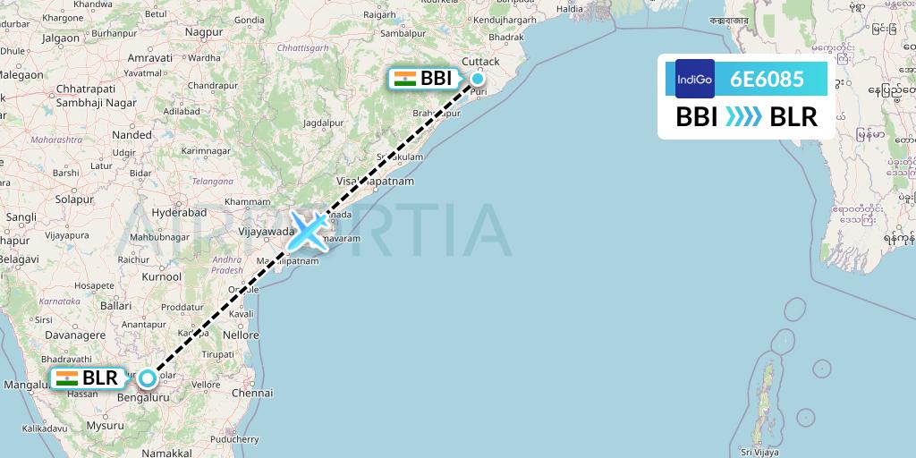 6E6085 IndiGo Airlines Flight Map: Bhubaneswar to Bangalore