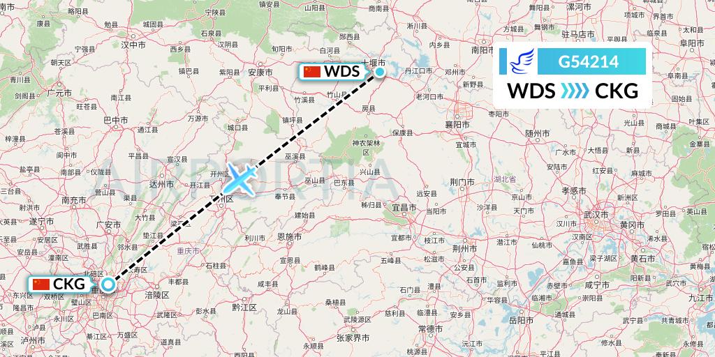 G54214 China Express Airlines Flight Map: Shiyan to Chongqing