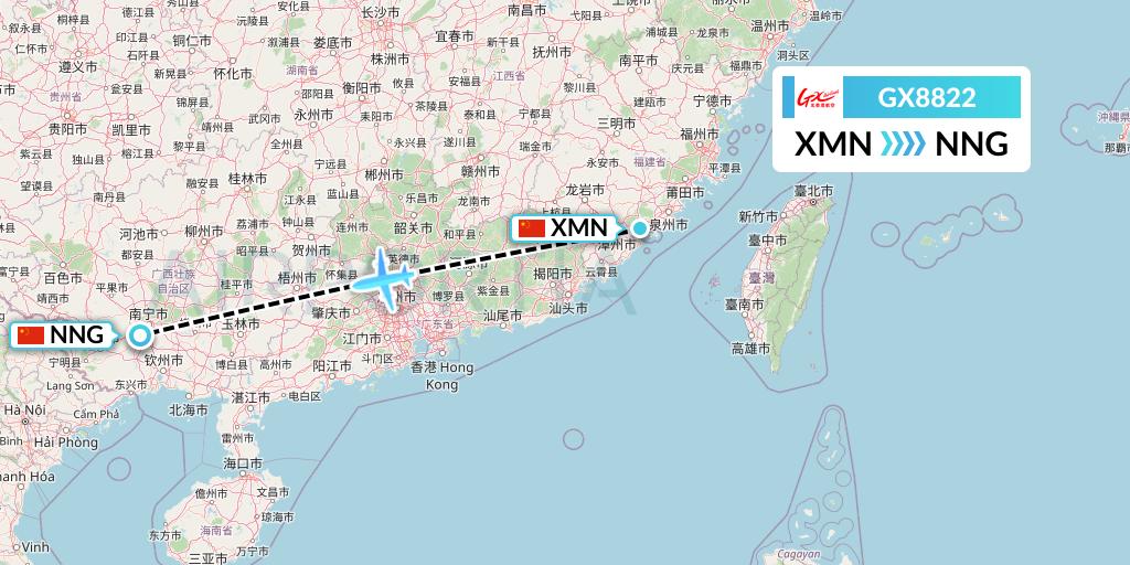 GX8822 GX Airlines Flight Map: Xiamen to Nanning