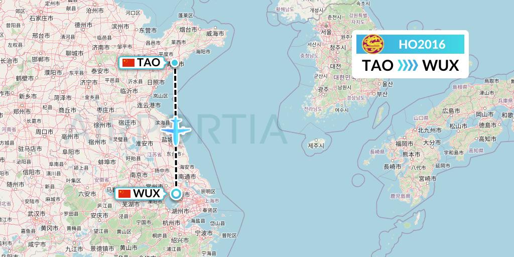 HO2016 Juneyao Airlines Flight Map: Qingdao to Wuxi