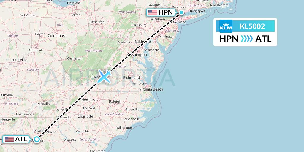 KL5002 KLM Flight Map: White Plains to Atlanta