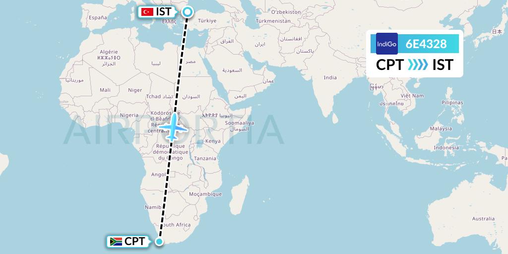 6E4328 IndiGo Airlines Flight Map: Cape Town to Istanbul