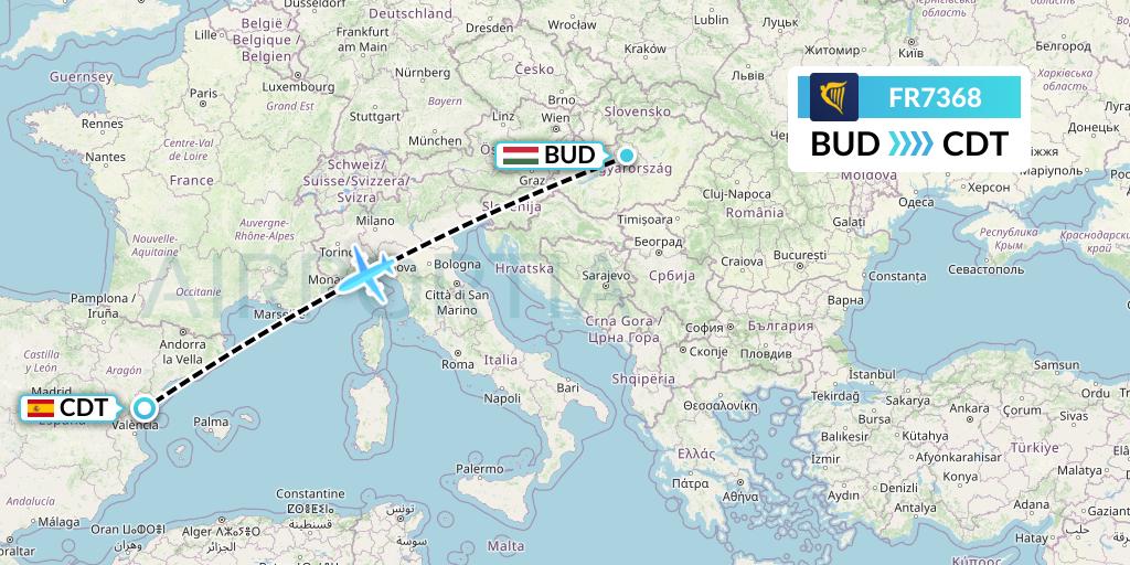 FR7368 Ryanair Flight Map: Budapest to Castellon de la Plana