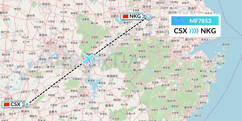 MF7853 Xiamen Airlines Flight Map: Changsha to Nanjing