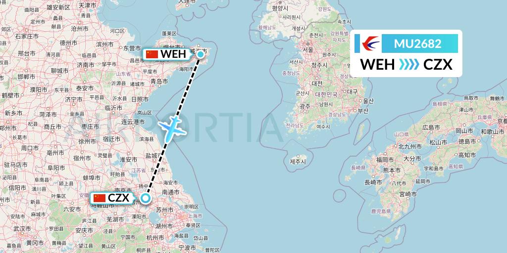 MU2682 China Eastern Airlines Flight Map: Weihai to Changzhou