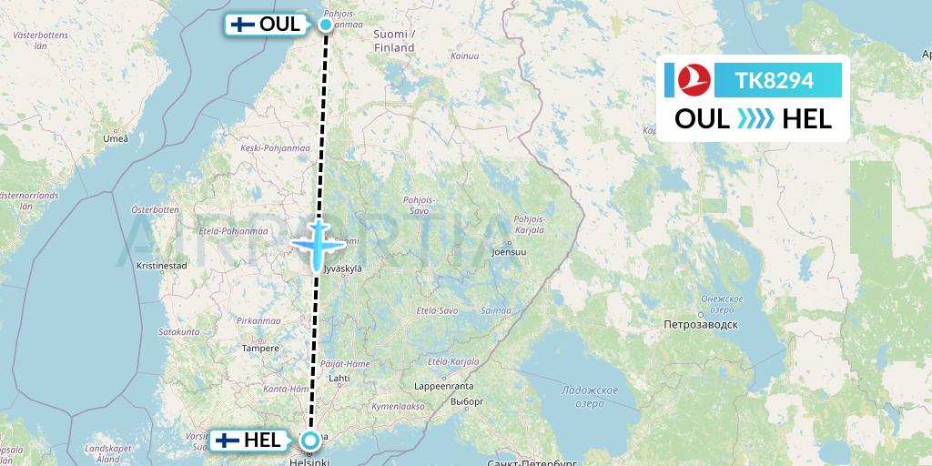 TK8294 Turkish Airlines Flight Map: Oulu to Helsinki