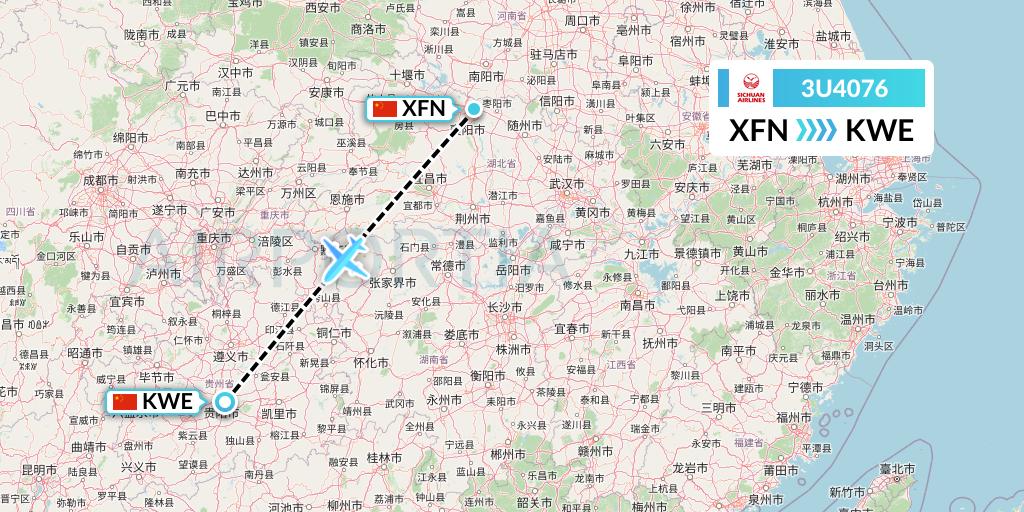 3U4076 Sichuan Airlines Flight Map: Xiangyang to Guiyang