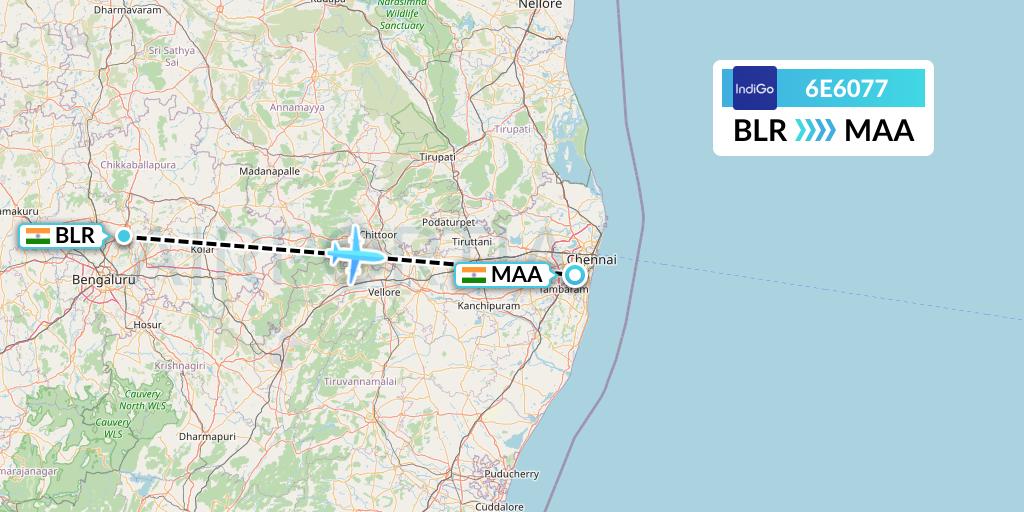 6E6077 IndiGo Airlines Flight Map: Bangalore to Chennai