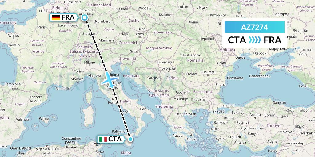 AZ7274 ITA Airways Flight Map: Catania to Frankfurt