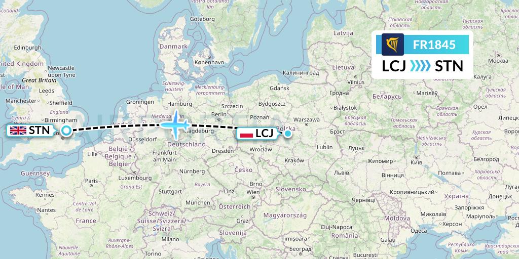 FR1845 Ryanair Flight Map: Lodz to London