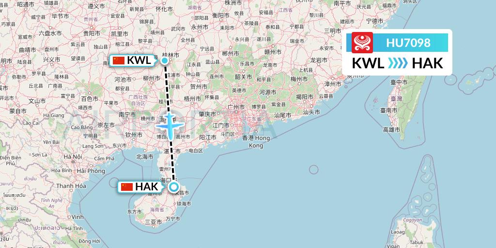 HU7098 Hainan Airlines Flight Map: Guilin to Haikou