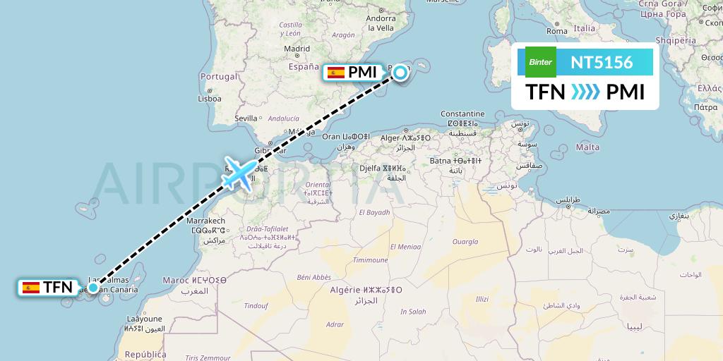 NT5156 Binter Canarias Flight Map: Tenerife to Palma de Mallorca